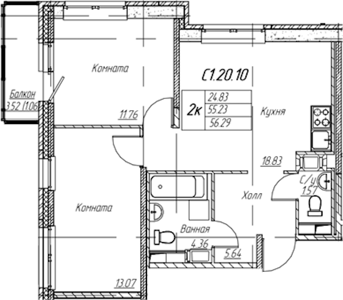 2-комнатная квартира 56.29 м², 20/22 эт., ЖК «Парк-квартал Юнтолово»